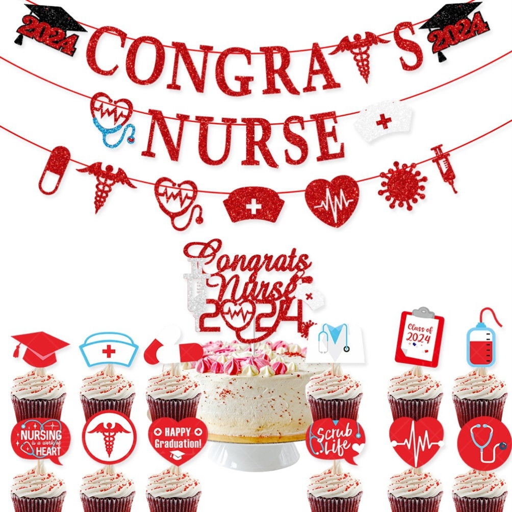 512医生护士节主题毕业季装饰拉旗CONGRATS NURSE拉旗花蛋糕插牌
