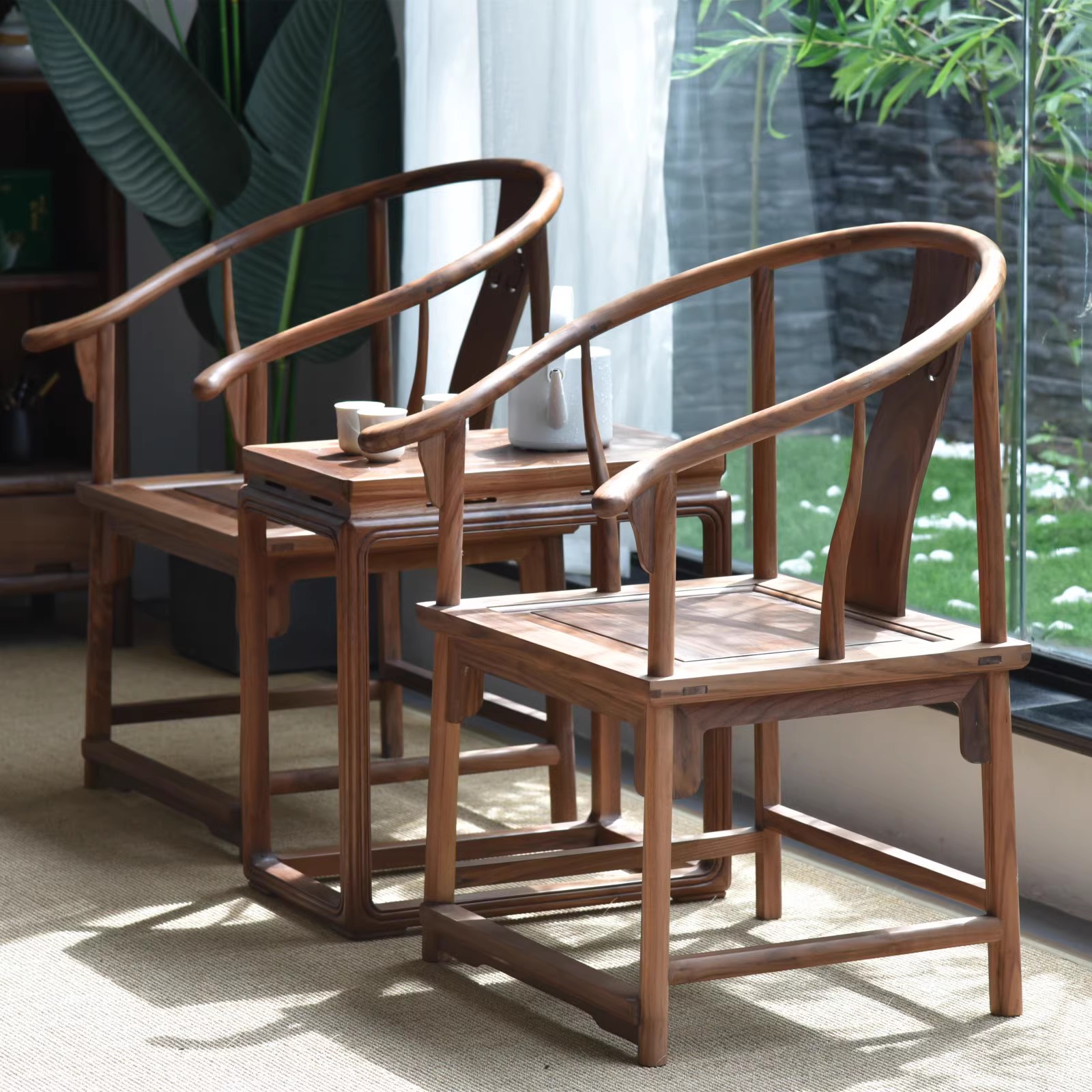 新中式黑胡桃木官帽椅明式太师椅茶桌椅主人椅圈椅三件套中式茶椅
