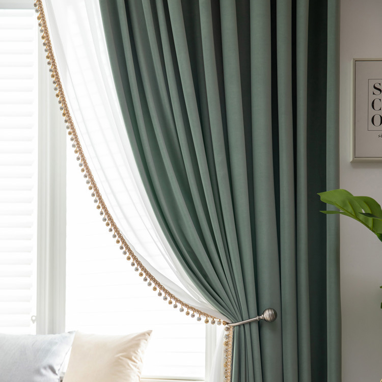 澳洲羊毛绒轻奢美式绒布窗帘 灰绿色全遮光客厅卧室布帘成品定制