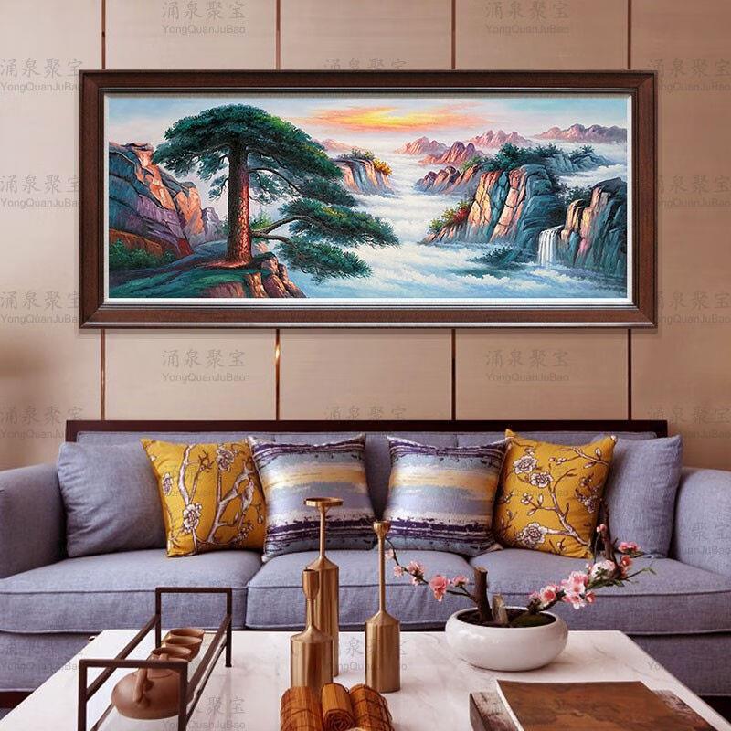 迎客松油画纯手绘手工山水风景画客厅沙发背景装饰画办公室紫檀|