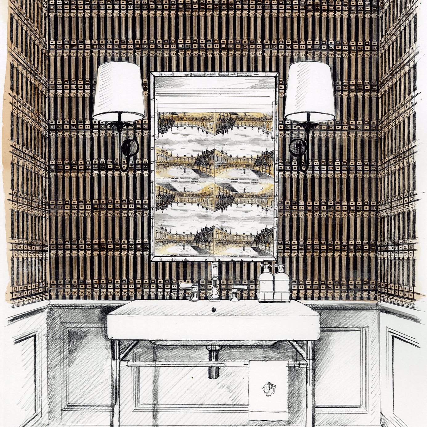 英国原装进口Zoffany壁纸现代简约古典建筑科林斯式圆柱客厅卧室