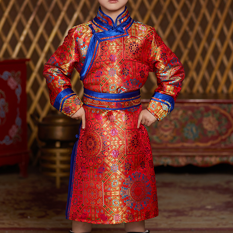 蒙古族童装男童蒙古袍长袍男孩民族风幼儿园演出服蒙古传统服装