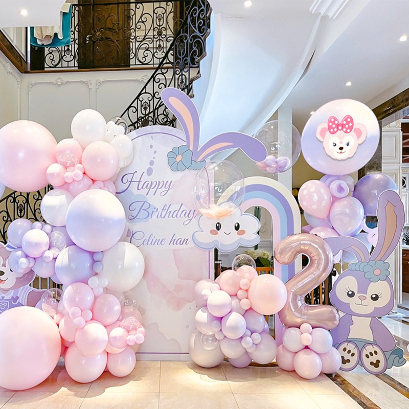 马卡龙粉紫色生日气球布置背景板套餐星黛露女孩公主百天周岁派对