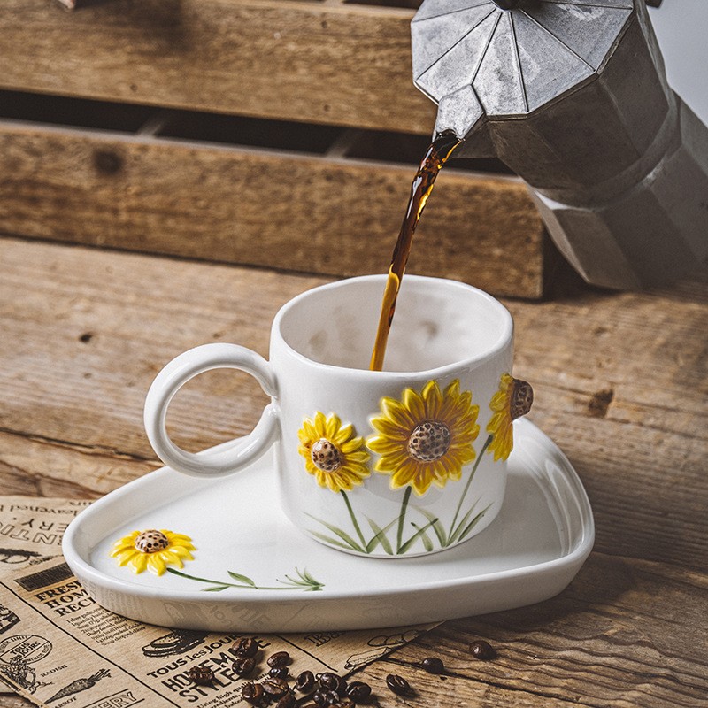 向日葵立体浮雕咖啡杯下午茶茶具套装手绘西式杯碟小众艺术感杯子