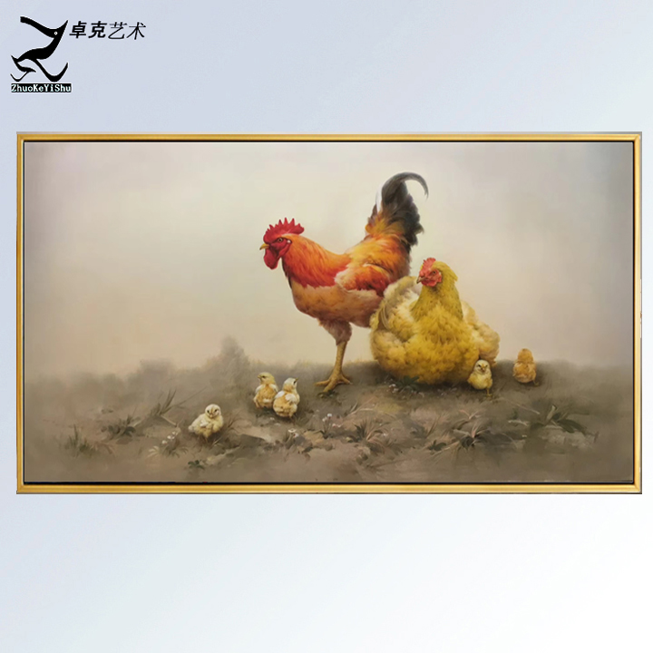 手绘母鸡带小鸡装饰画中式客厅公鸡油画挂画长横版绿色壁画厦门