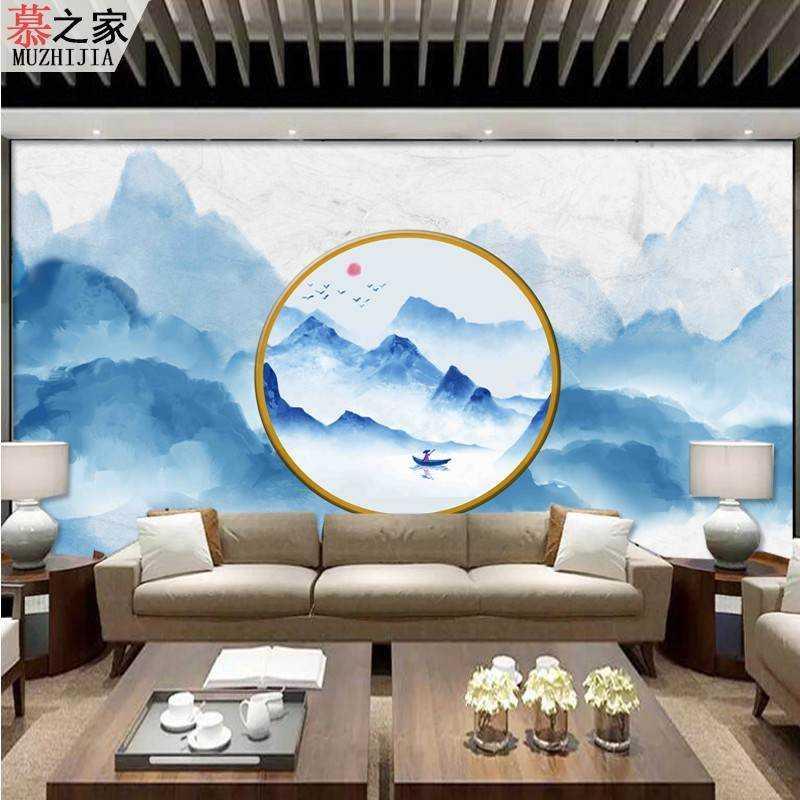 新中式禅i意水墨山水客厅n沙发背景墙无缝壁画中式山水风景大型壁