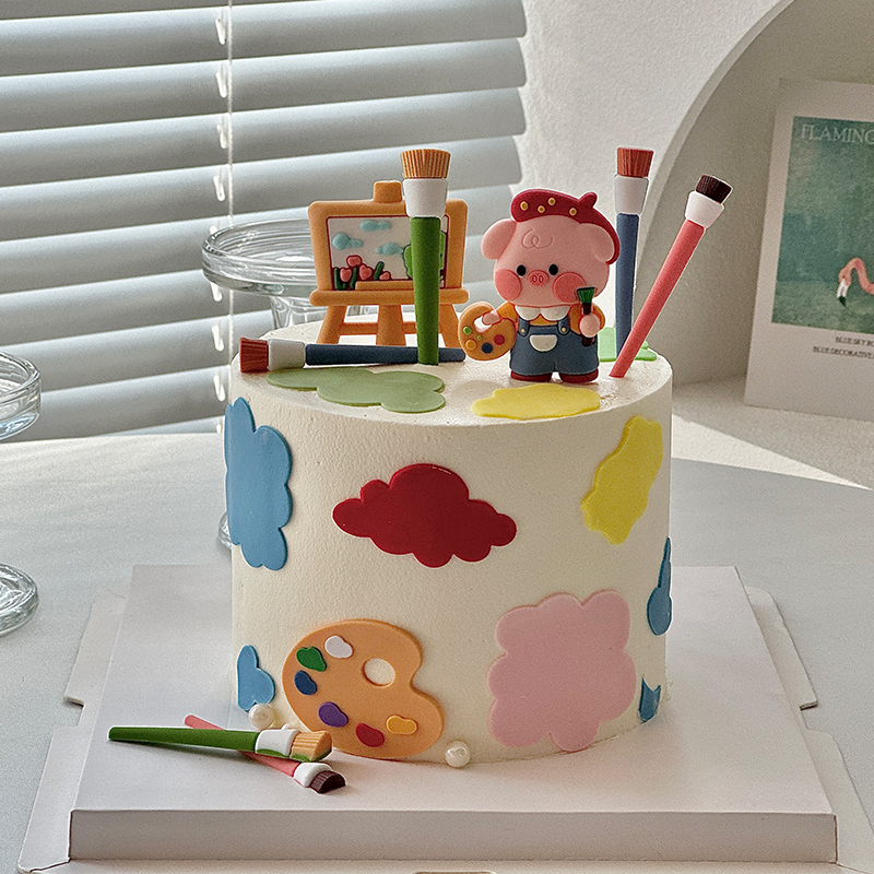 儿童节软胶画画猪蛋糕装饰烘焙摆件小猪画笔配件生日蛋糕派对装扮