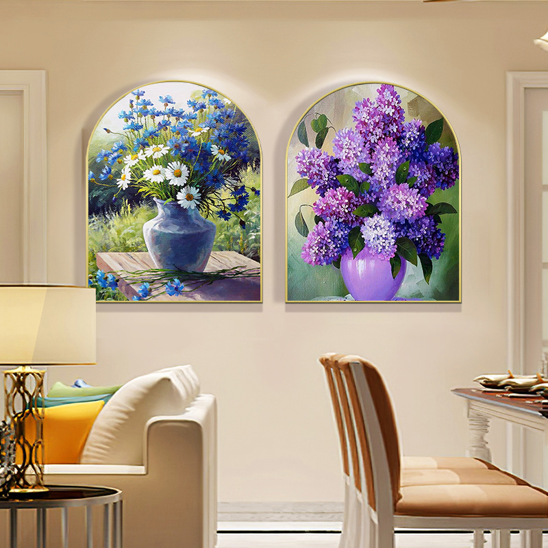 紫丁香和雏菊花瓶插花艺术装饰画卧室花卉装饰品过道玄关拱形挂画
