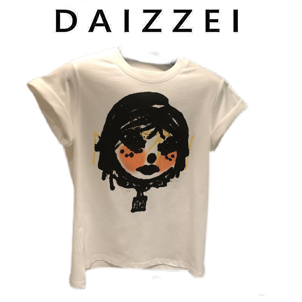 DAIZZEI~涂鸦短袖小人物短袖T恤女2022夏季新款卡通印花圆领上衣