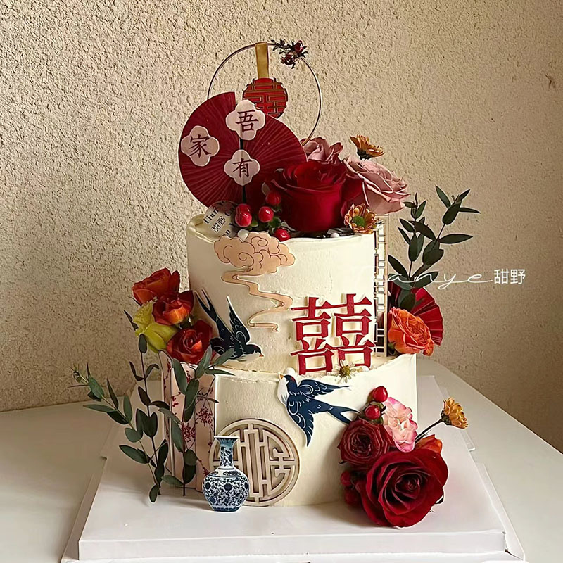 铁艺凤凰中式订婚婚礼蛋糕插件扇子屏风甜品台装饰双喜红蓝喜鹊