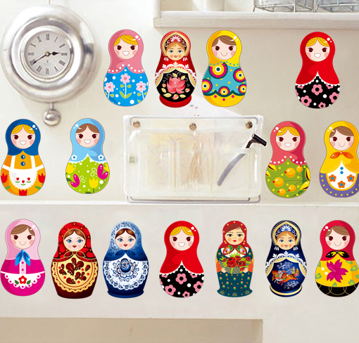 墙贴儿童房幼儿园卡通人物手机本本民族风情俄罗斯娃娃贴纸画