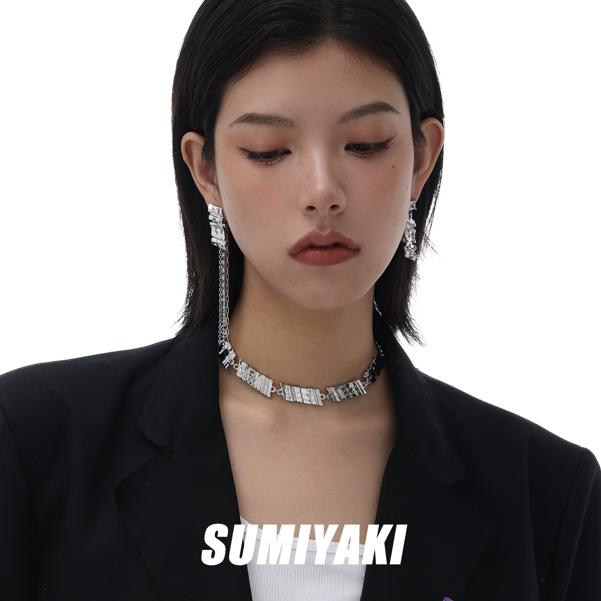 SUMIYAKI原创板甲系列耳环不规则的褶皱设计金属耳饰未来感无性别