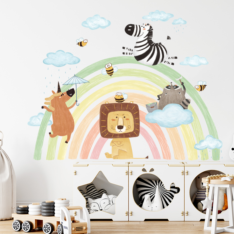 可爱墙贴彩虹动物狮子斑马儿童房间幼儿园教室清新简约动漫贴纸画