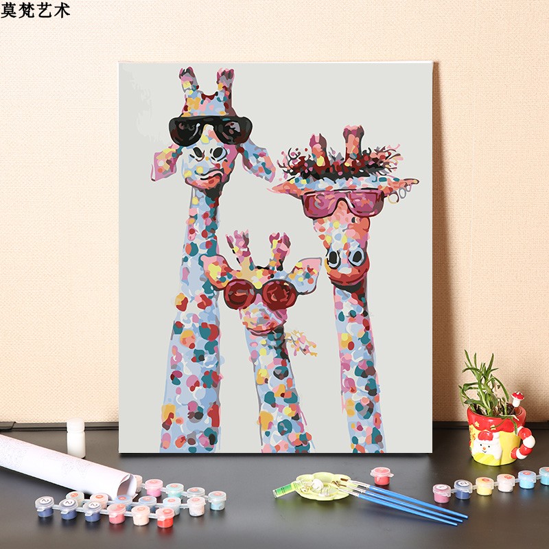 数字油画diy填充手工儿童涂鸦长颈鹿一家温馨手绘填色丙烯油彩画