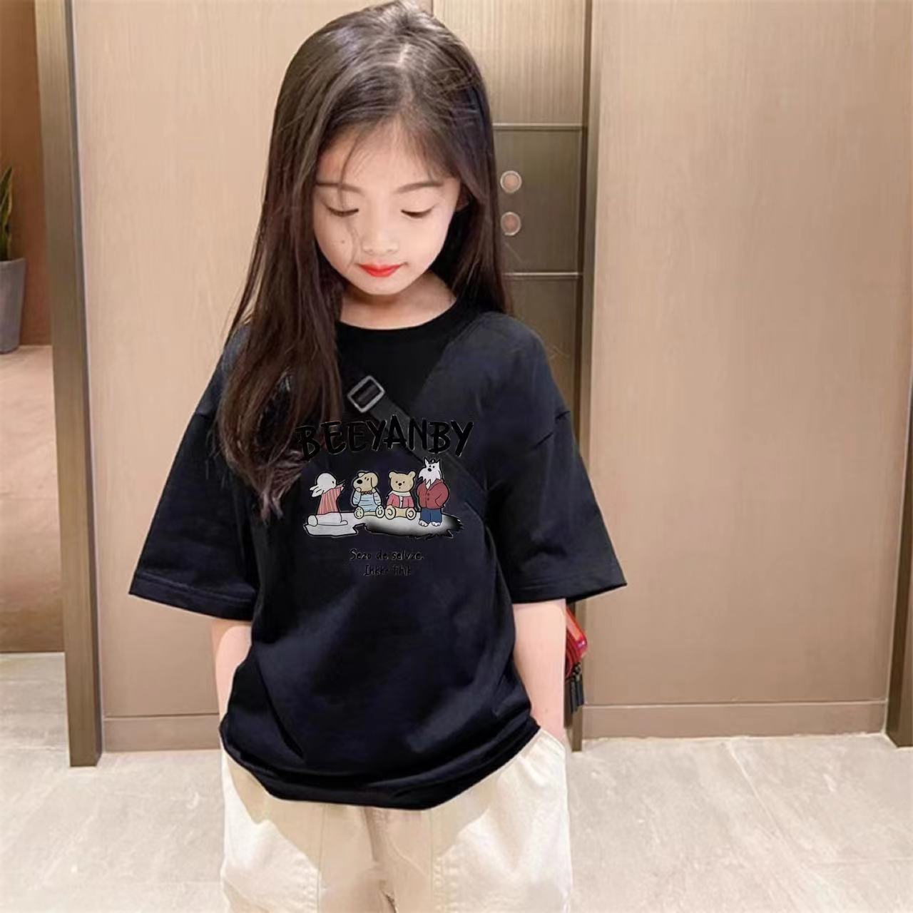 女童t恤纯棉夏装韩版洋气时髦中大童韩版卡通印花半袖宽松打底衫