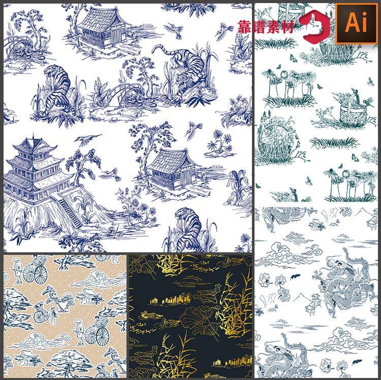 古典中国风中式花鸟素描线描仙鹤龙墙纸家居印花图案矢量设计素材