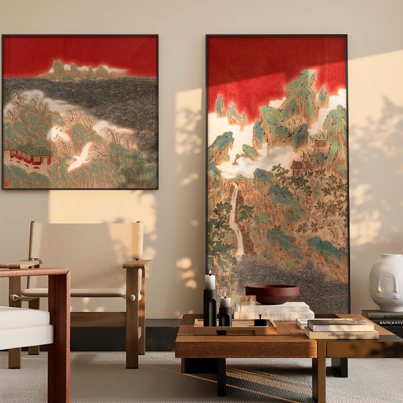 新中式客厅玄关走廊红色山水挂画茶室办公室装饰画别墅酒店壁画
