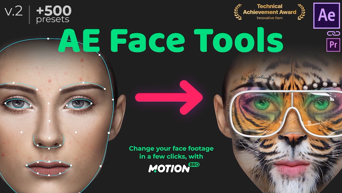 AE Face Tools v2人脸面部追踪贴图表情化妆美颜换脸Motion Bro