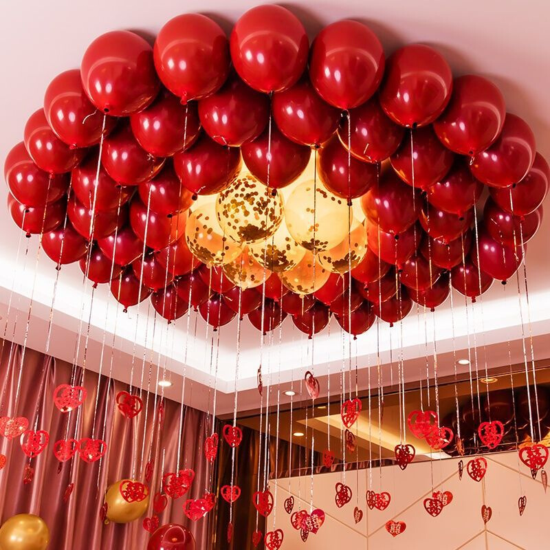 现货速发结婚气球婚房装饰套装房顶石榴红气球布置客厅卧室装饰套