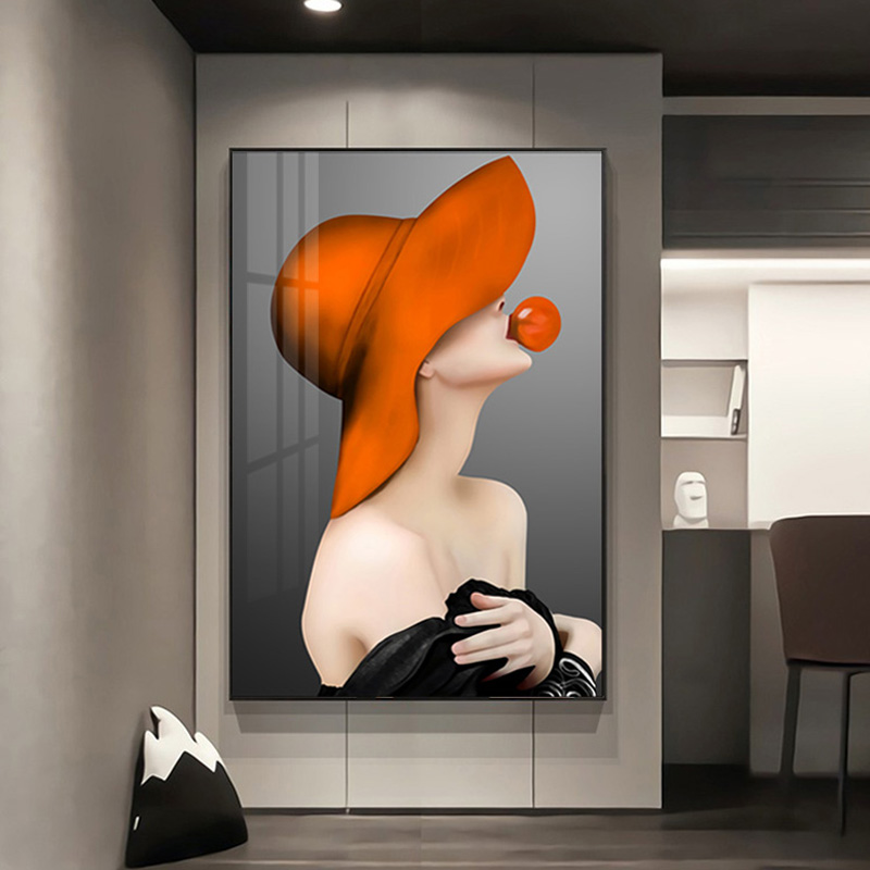 美女玄关装饰画橙色现代轻奢人物壁画女卧室床头卫生间挂画高级感