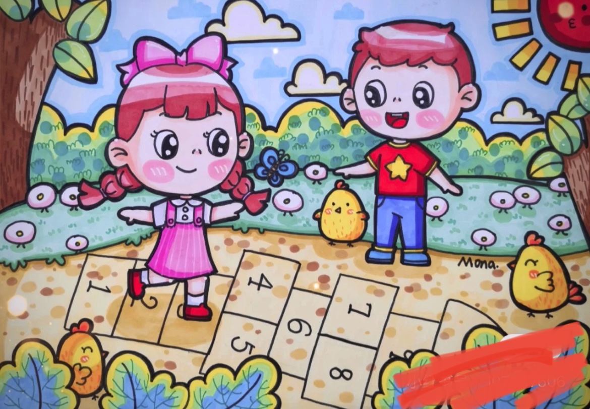儿时游戏绘画线稿跳房子电子版幼儿园儿童画主题模板手抄报简笔画