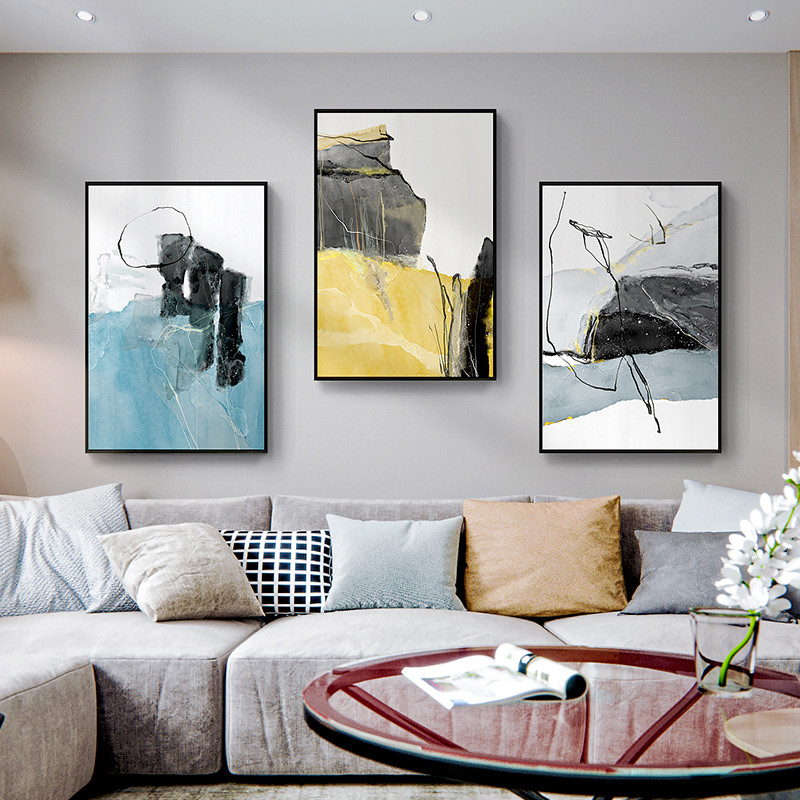 想象符号现代抽象客厅装饰画黄蓝色沙发后面的挂画三联背景墙壁画