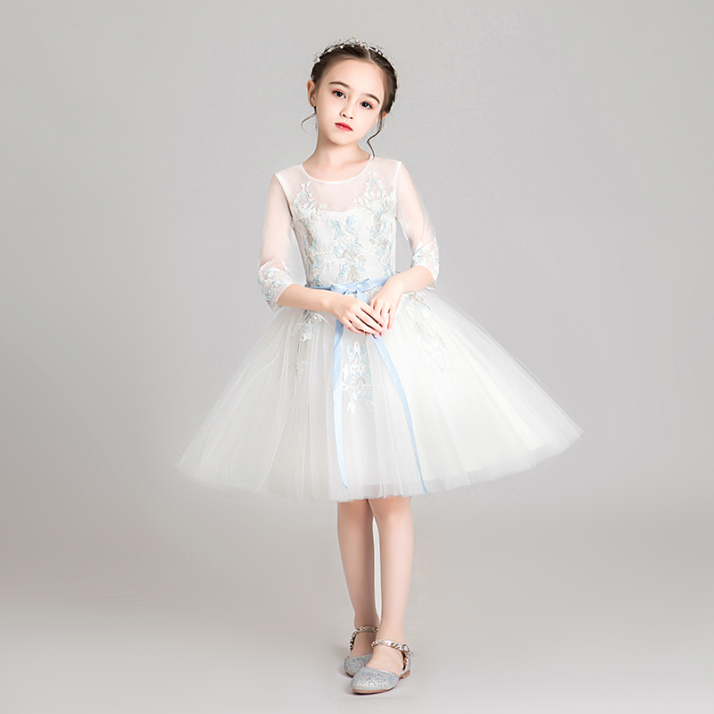新品女童礼服公主裙白色走秀小女孩婚纱花童主持人儿童钢琴演出服
