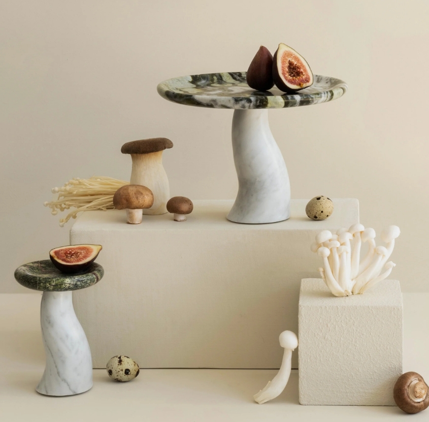 大理石蘑菇造型托盘样板间家用氛围感摆件大理石烛台香薰台果盘装