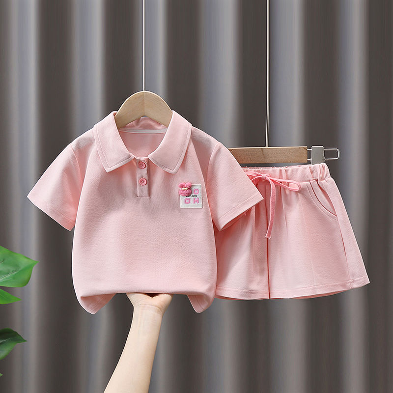 女童t恤夏季套装新款洋气polo衫短袖粉色短裤4五六八10岁女孩衣服
