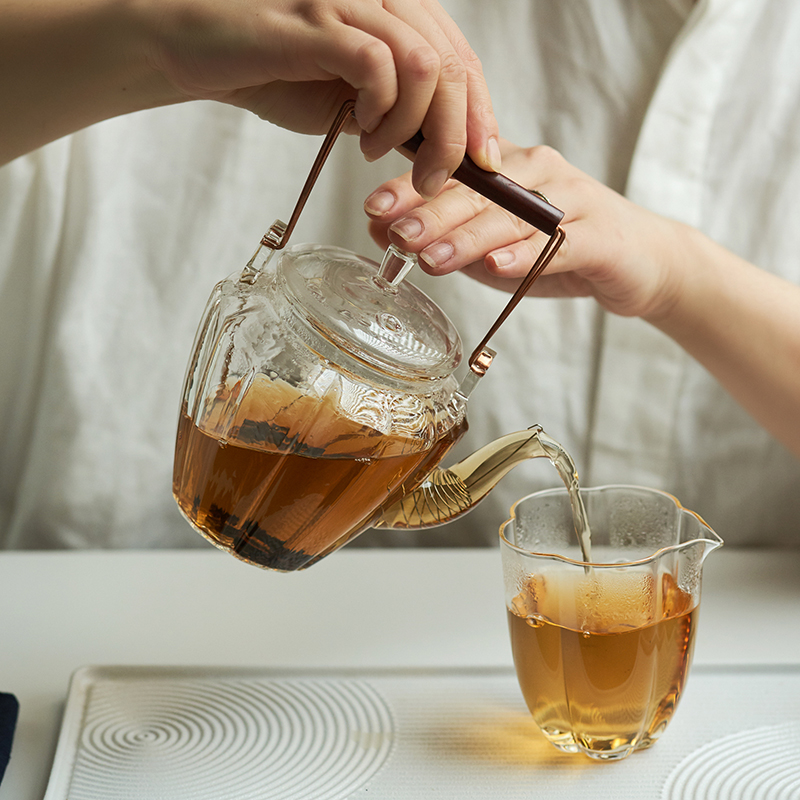 肆月中式复古泡茶壶耐热玻璃花茶壶提梁煮茶壶家用下午茶茶具套装