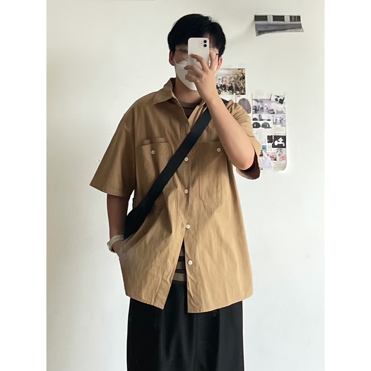 B东日系男装复古cityboy夏季棕色系中性衬衫多口袋宽松短袖衬衣