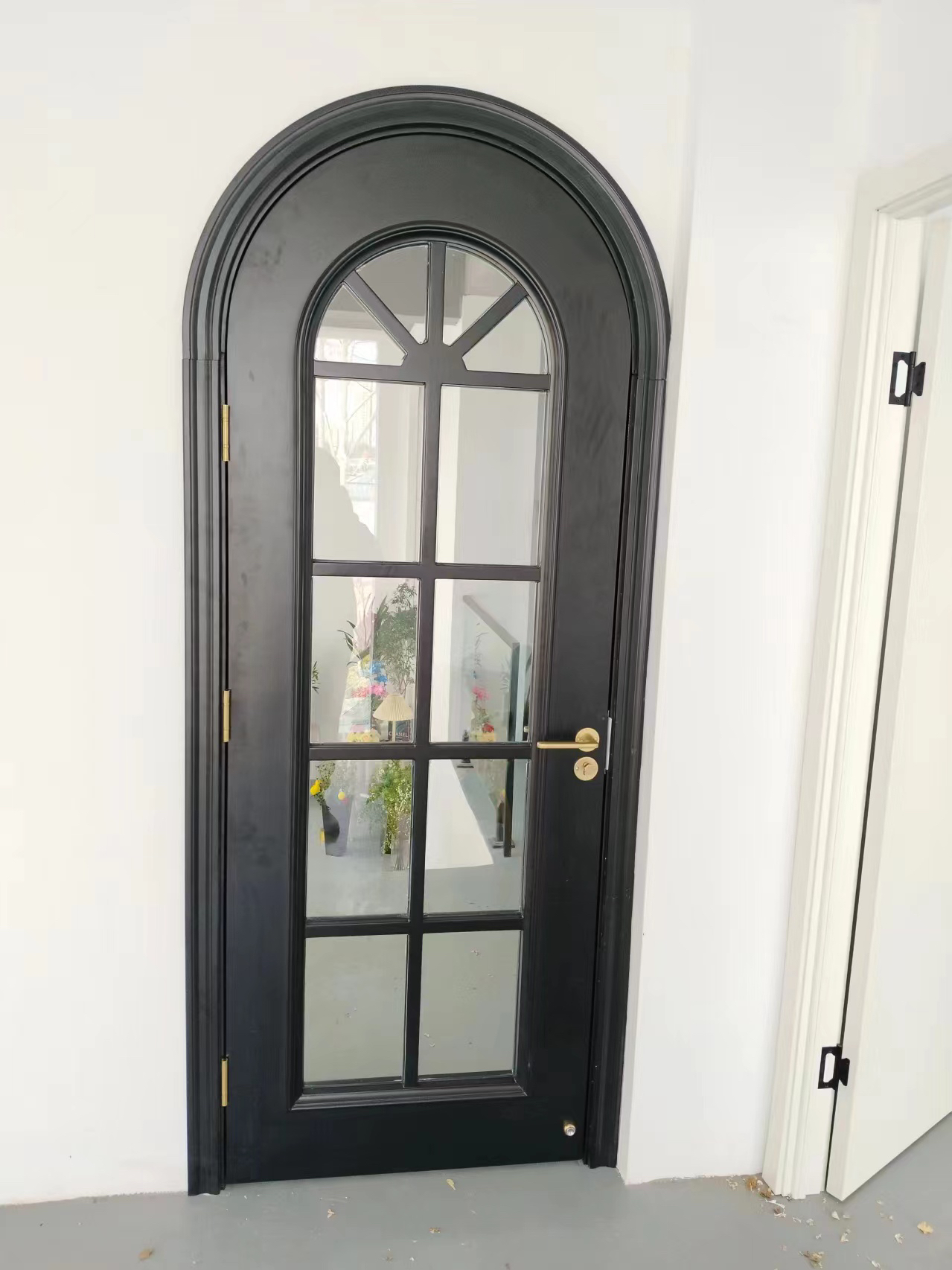 复古法式风黑色房间门格条玻璃圆弧形扣线拱形实木卧室门