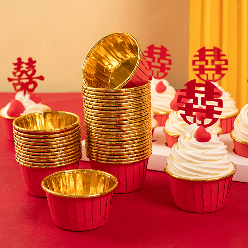 红金婚礼婚庆祝寿新年甜品台结婚喜字蛋糕装饰纸杯耐高温马芬杯子