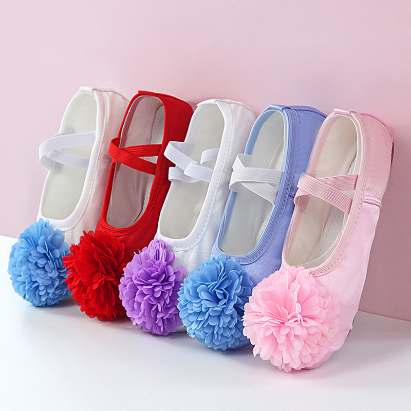 花朵儿童女红紫蓝色芭蕾舞鞋女孩粉色蕾丝练功鞋中国舞跳舞软底鞋