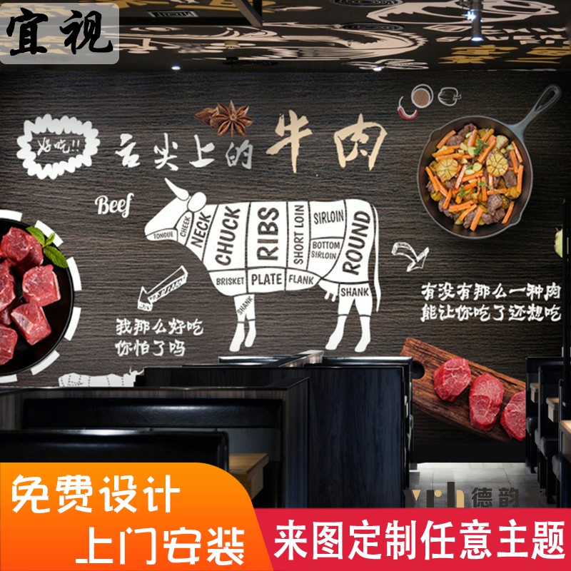 黑板涂鸦西餐厅壁纸牛排店牛扒餐饮羊肉分割部位图牛肉火锅店墙纸