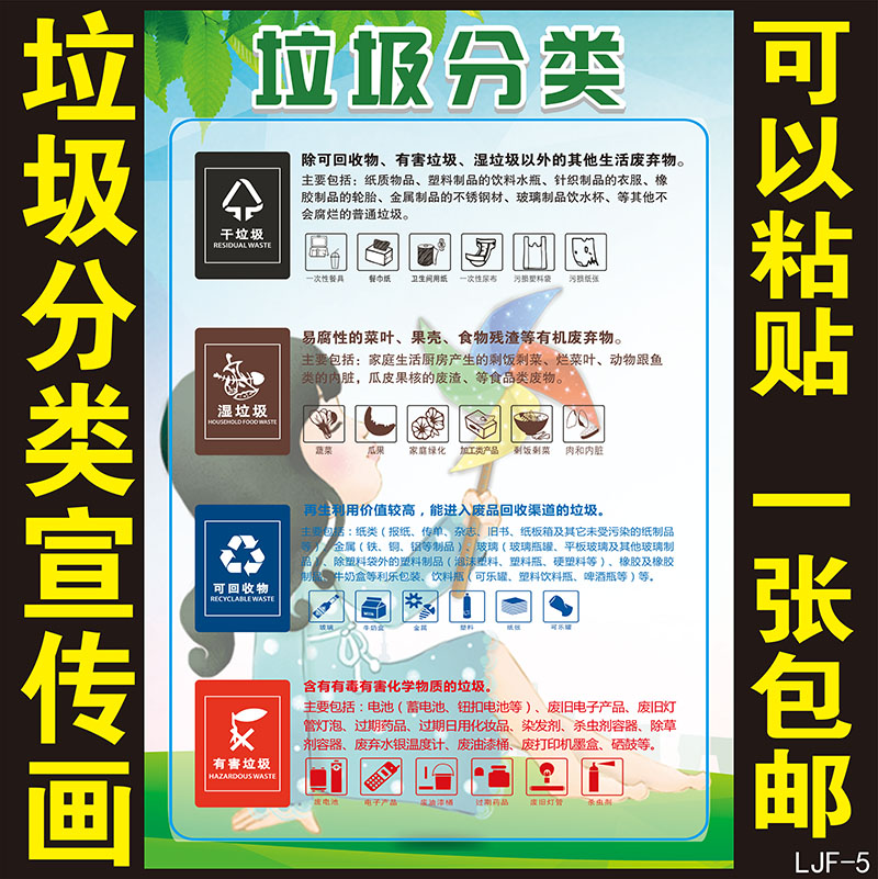 上海城市垃圾分类宣传挂画环境保护干湿处理海报挂图环保标语贴画