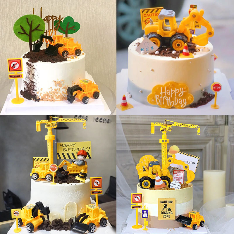 挖掘机蛋糕装饰推土机工程车路标儿童生日周岁卡通蛋糕烘焙摆件