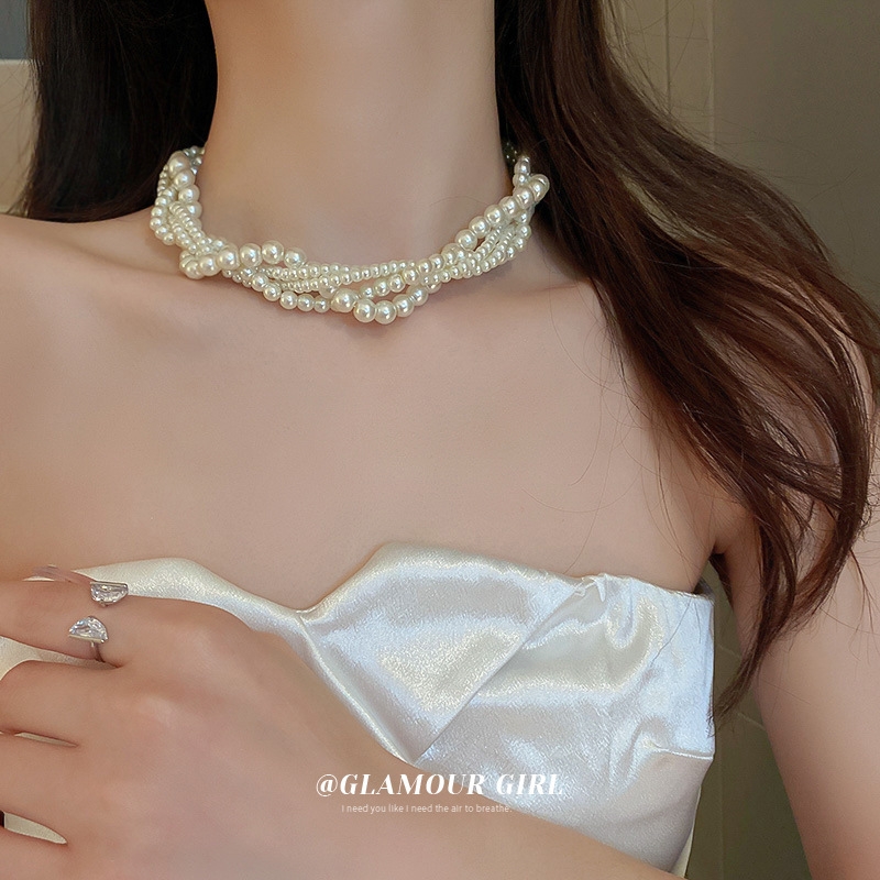 法式复古多层珍珠项链女时尚个性气质贝珠颈链麻花缠绕锁骨链宝石