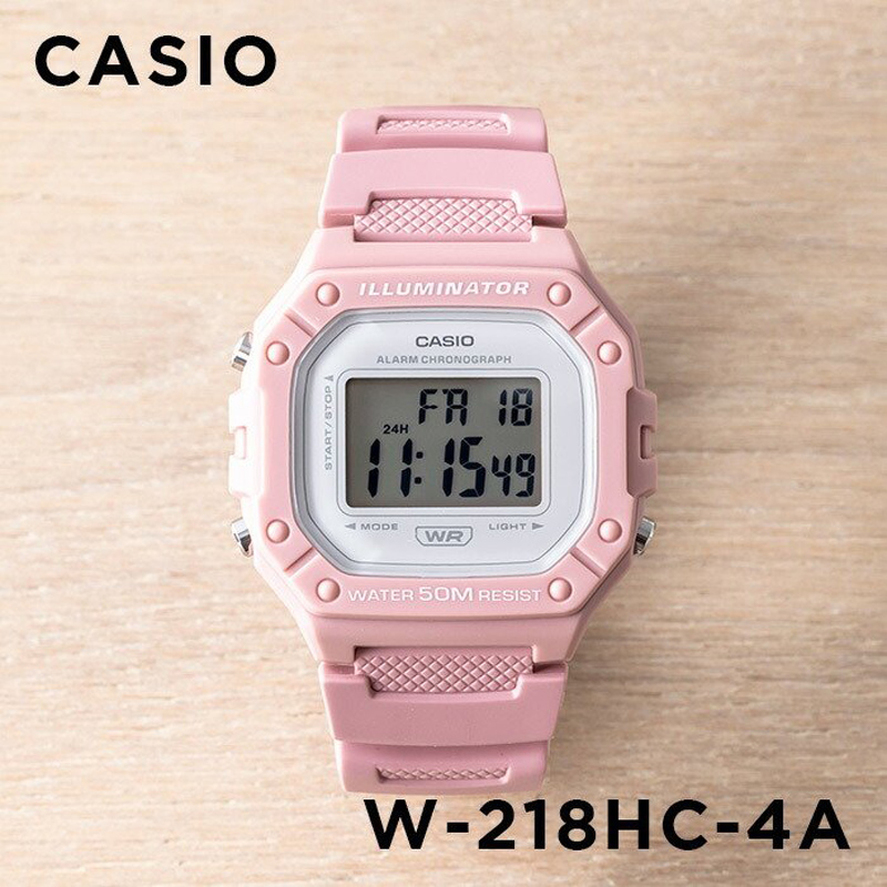 卡西欧手表女CASIO W-218HC-4A粉色运动学生防水小方块中性电子表