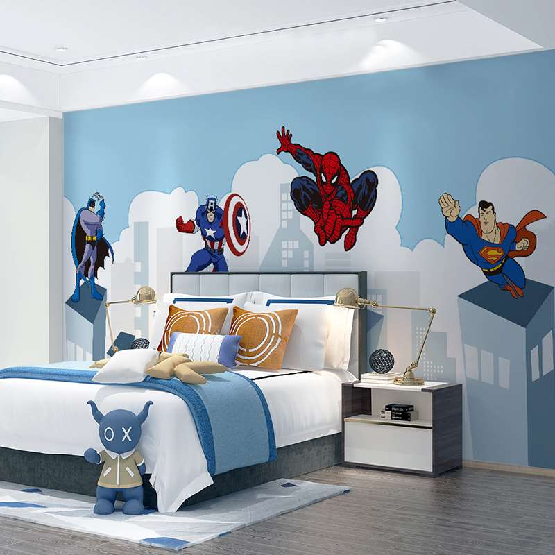 卡通漫威复仇者联盟主题墙纸墙布蜘蛛侠男孩儿童房床头背景墙壁纸