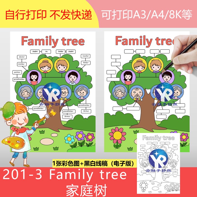 201-3Family tree家庭树三年级英语手抄报模板电子版思维导图小报