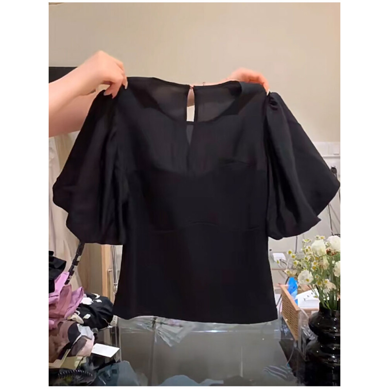 新品泡泡袖漂亮小衫女2023夏季高级设计感黑色洋气上衣洋气超好看
