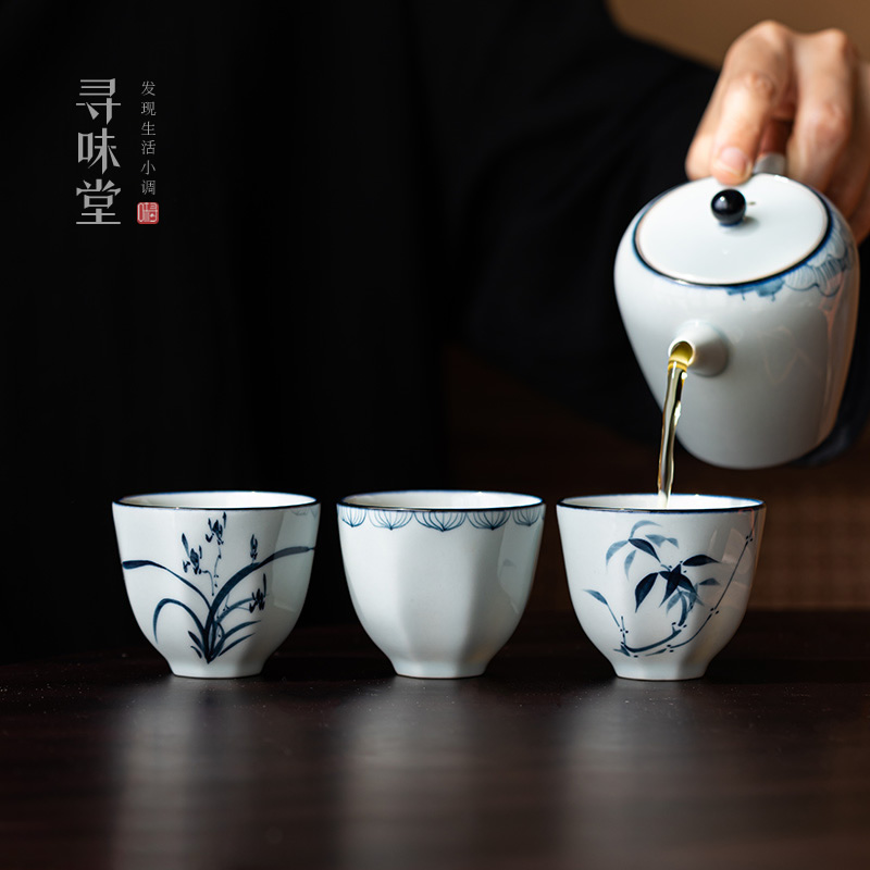 青灰釉手绘八方杯｜复古风素雅青花品茗杯小茶杯中式陶瓷功夫茶具