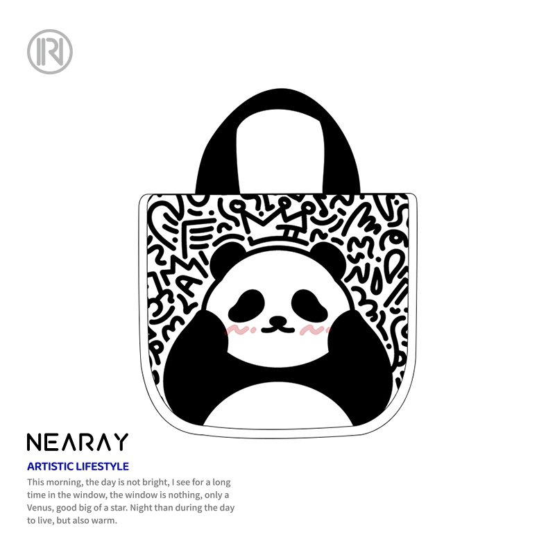 尼睿新款可爱熊猫插画手提包原创黑白涂鸦便当包时尚百搭饭盒袋W