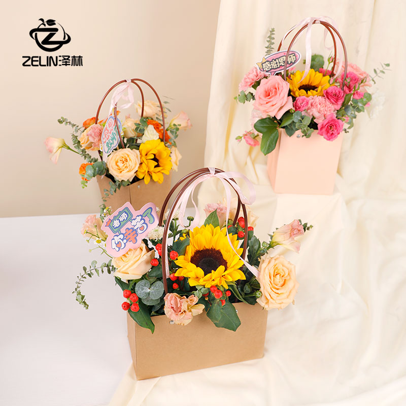 母亲节防水牛皮手提袋花盒纯色T型鲜花包装袋康乃馨花束插花礼盒