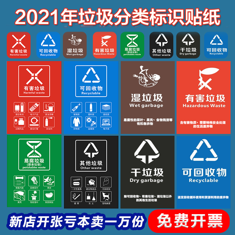 垃圾分类标识贴纸垃圾桶标志标语杭州上海北京广州苏州不可回收厨余易腐有害干湿垃圾宣传画社区幼儿园小海报