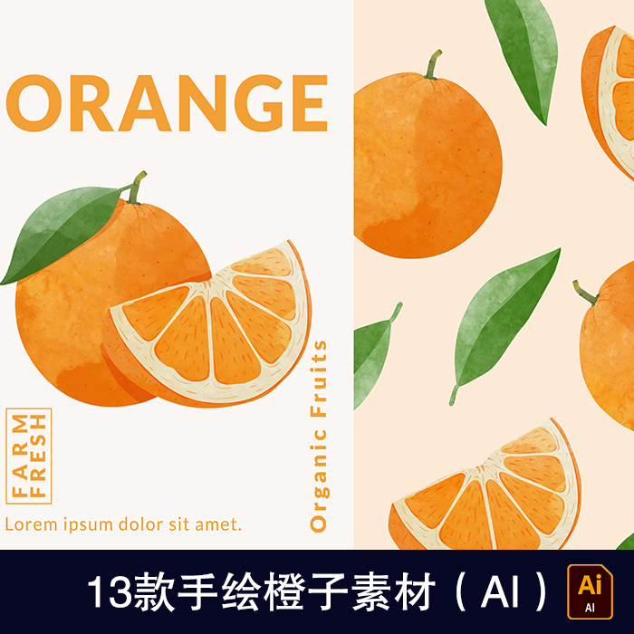 手绘水果橙子卡通水彩插画饮品海报包装图案设计素材AI格式1229