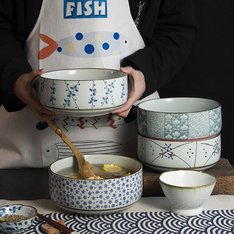 和风四季日式釉下彩8英寸陶瓷大汤碗手绘直口汤碗餐具家用排骨碗