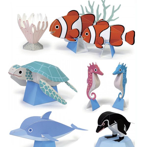 儿童手工折纸DIY拼装立体3D纸质模型海洋生物海马企鹅海豚小丑鱼