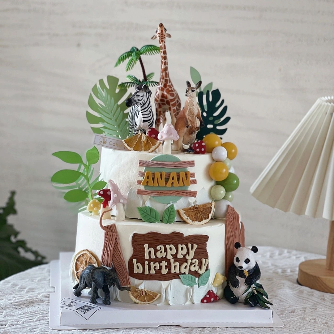 动物园蛋糕装饰摆件长颈鹿大熊猫斑马大象森系宝宝生日甜品台插件